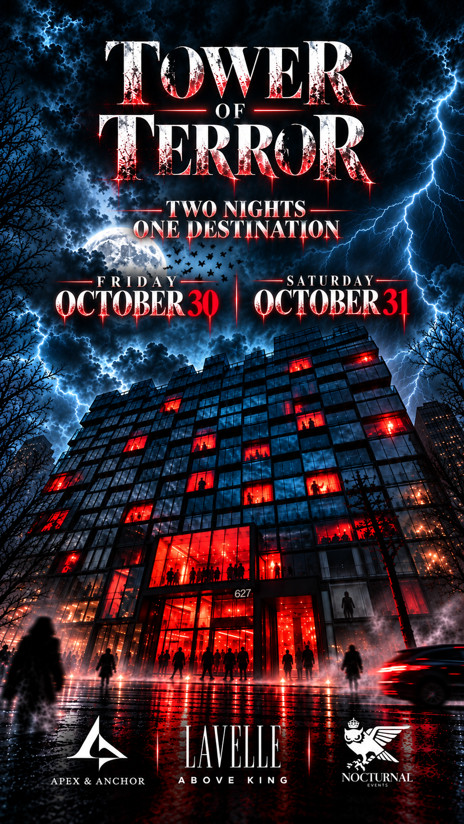 Tower of Terror Halloween 2026 event flyer at Lavelle Rooftop, Toronto